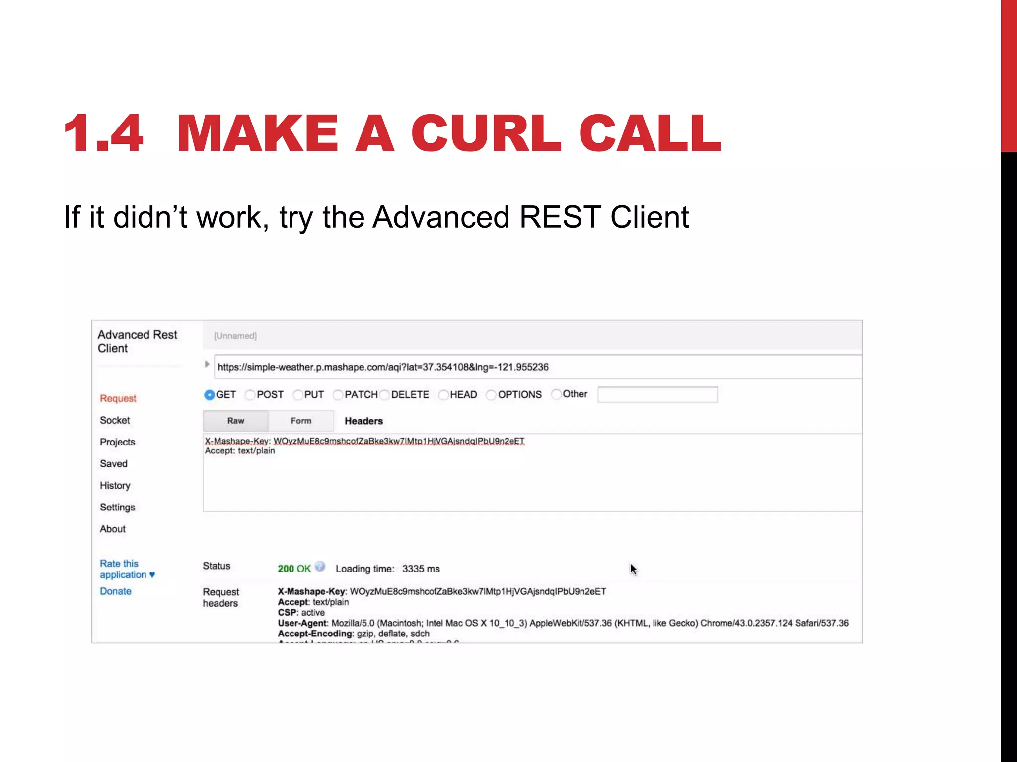 1.4 MAKE A CURL CALL
If it didn’t work, try the Advanced REST Client
 