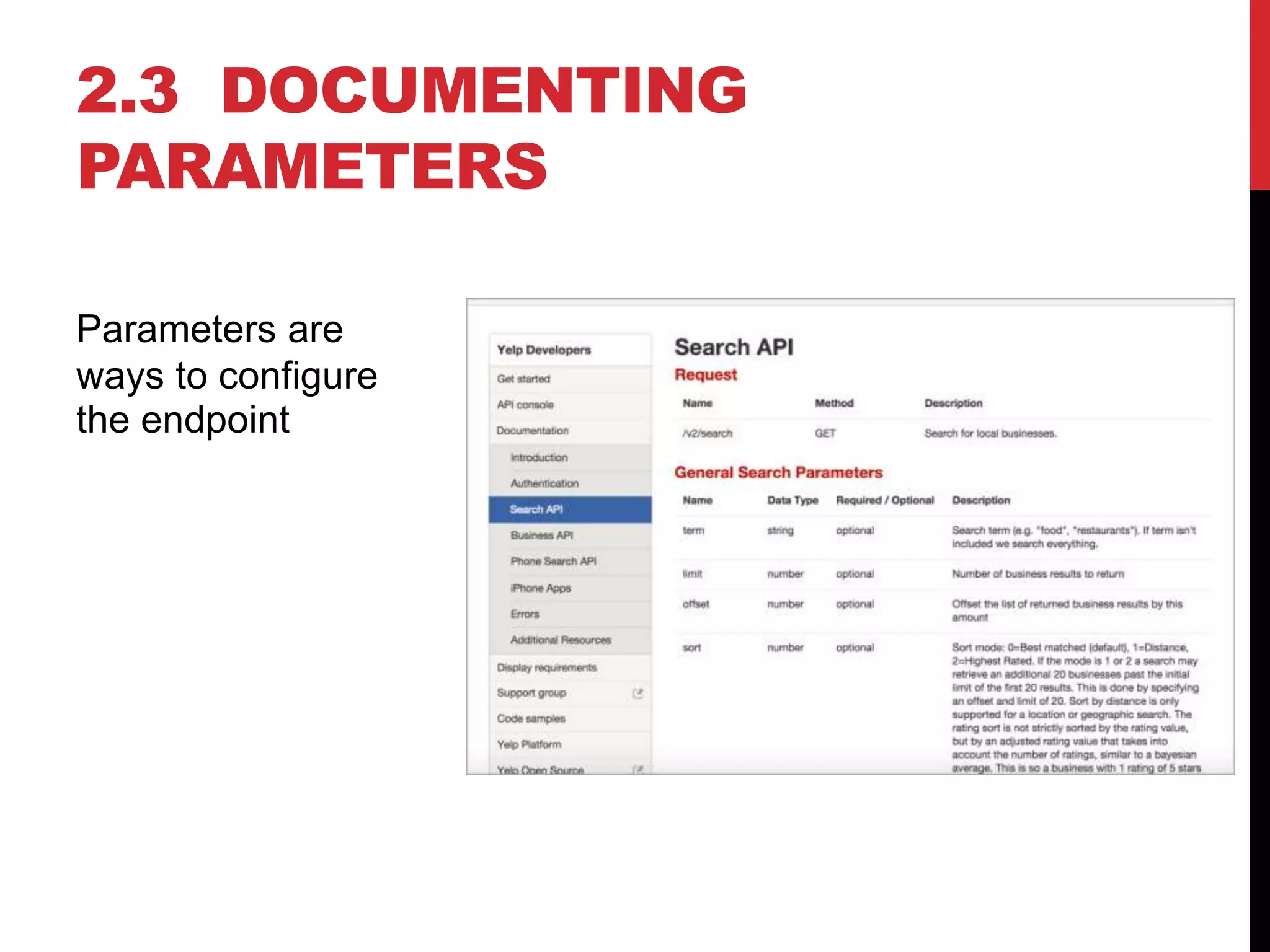 2.3 DOCUMENTING
PARAMETERS
Parameters are
ways to configure
the endpoint
 