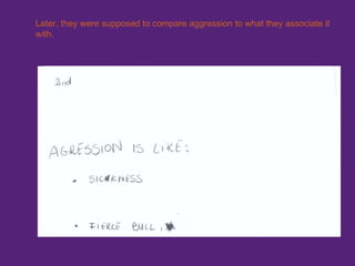 Later, they were supposed to compare aggression to what they associate it with. 