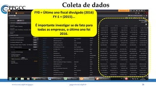 Coleta de dados
www.ccsa.ufpb.br/ppgcc ppgcc@ccsa.ufpb.br 26
FY0 = Último ano fiscal divulgado (2016)
FY-1 = (2015)...
É importante investigar se de fato para
todas as empresas, o último ano foi
2016.
 