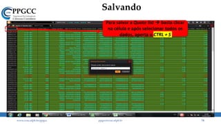 Salvando
www.ccsa.ufpb.br/ppgcc ppgcc@ccsa.ufpb.br 74
Para salvar a Quote list  basta clicar
na célula e após selecionar todos os
dados, aperta o CTRL + S
 