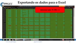 Exportando os dados para o Excel
www.ccsa.ufpb.br/ppgcc ppgcc@ccsa.ufpb.br 75
Seleciona tudo  CTRL + C
 