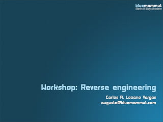 Workshop: Reverse engineering
                 Carlos A. Lozano Vargas
               augusto@bluemammut.com
 