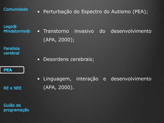• Perturbação do Espectro do Autismo (PEA);

• Transtorno

invasivo

do

desenvolvimento

e

desenvolvimento

(APA, 2000);

• Desordens cerebrais;

• Linguagem,

(APA, 2000).

interação

 