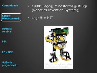 • 1998: Lego® Mindstorms® RIS®
(Robotics Invention System);

• Lego® e MIT

http://ai.ia.agh.edu.pl/w
iki/mindstorms:history

 