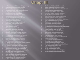  1. The voice ended, they saw his pale visage
 Emerge from the darkness; his hand
 On the rock of eternity unclasping
 The Book of brass. Rage siez'd the strong
 2. Rage, fury, intense indignation
 In cataracts of fire blood & gall
 In whirlwinds of sulphurous smoke:
 And enormous forms of energy;
 All the seven deadly sins of the soul
 In living creations appear'd
 In the flames of eternal fury.
 3. Sund'ring, dark'ning, thund'ring!
 Rent away with a terrible crash
 Eternity roll'd wide apart
 Wide asunder rolling
 Mountainous all around
 Departing; departing; departing:
 Leaving ruinous fragments of life
 Hanging frowning cliffs & all between
 An ocean of voidness unfathomable.
 4. The roaring fires ran o'er the heav'ns
 In whirlwinds & cataracts of blood
 And o'er the dark desarts of Urizen
 Fires pour thro' the void on all sides
 On Urizens self-begotten armies.
 5. But no light from the fires. all was darkness
 In the flames of Eternal fury
 6. In fierce anguish & quenchless flames
 To the desarts and rocks He ran raging
 To hide, but He could not: combining
 He dug mountains & hills in vast strength,
 He piled them in incessant labour,
 In howlings & pangs & fierce madness
 Long periods in burning fires labouring
 Till hoary, and age-broke, and aged,
 In despair and the shadows of death.
 7. And a roof, vast petrific around,
 On all sides He fram'd: like a womb;
 Where thousands of rivers in veins
 Of blood pour down the mountains to cool
 The eternal fires beating without
 From Eternals; & like a black globe
 View'd by sons of Eternity, standing
 On the shore of the infinite ocean
 Like a human heart strugling & beating
 The vast world of Urizen appear'd.
 8. And Los round the dark globe of Urizen,
 Kept watch for Eternals to confine,
 The obscure separation alone;
 For Eternity stood wide apart,
 As the stars are apart from the earth
 9. Los wept howling around the dark Demon:
 And cursing his lot; for in anguish,
 Urizen was rent from his side;
 And a fathomless void for his feet;
 And intense fires for his dwelling.
 10. But Urizen laid in a stony sleep
 Unorganiz'd, rent from Eternity
 11. The Eternals said: What is this? Death
 Urizen is a clod of clay.
 12: Los howld in a dismal stupor,
 Groaning! gnashing! groaning!
 Till the wrenching apart was healed
 13: But the wrenching of Urizen heal'd not
 Cold, featureless, flesh or clay,
 Rifted with direful changes
 He lay in a dreamless night
 14: Till Los rouz'd his fires, affrighted
 At the formless unmeasurable death.
 