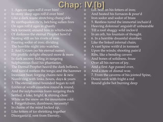  1. Ages on ages roll'd over him!
 In stony sleep ages roll'd over him!
 Like a dark waste stretching chang'able
 By earthquakes riv'n, belching sullen fires
 On ages roll'd ages in ghastly
 Sick torment; around him in whirlwinds
 Of darkness the eternal Prophet howl'd
 Beating still on his rivets of iron
 Pouring sodor of iron; dividing
 The horrible night into watches.
 2. And Urizen (so his eternal name)
 His prolific delight obscurd more & more
 In dark secresy hiding in surgeing
 Sulphureous fluid his phantasies.
 The Eternal Prophet heavd the dark bellows,
 And turn'd restless the tongs; and the hammer
 Incessant beat; forging chains new & new
 Numb'ring with links. hours, days & years
 3. The eternal mind bounded began to roll
 Eddies of wrath ceaseless round & round,
 And the sulphureous foam surgeing thick
 Settled, a lake, bright, & shining clear:
 White as the snow on the mountains cold.
 4. Forgetfulness, dumbness, necessity!
 In chains of the mind locked up,
 Like fetters of ice shrinking together
 Disorganiz'd, rent from Eternity,
 Los beat on his fetters of iron;
 And heated his furnaces & pour'd
 Iron sodor and sodor of brass
 5. Restless turnd the immortal inchain'd
 Heaving dolorous! anguish'd! unbearable
 Till a roof shaggy wild inclos'd
 In an orb, his fountain of thought.
 6. In a horrible dreamful slumber;
 Like the linked infernal chain;
 A vast Spine writh'd in torment
 Upon the winds; shooting pain'd
 Ribs, like a bending cavern
 And bones of solidness, froze
 Over all his nerves of joy.
 And a first Age passed over,
 And a state of dismal woe.
 7. From the caverns of his jointed Spine,
 Down sunk with fright a red
 Round globe hot burning deep
 