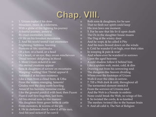  1. Urizen explor'd his dens
 Mountain, moor, & wilderness,
 With a globe of fire lighting his journey
 A fearful journey, annoy'd
 By cruel enormities: forms
 Of life on his forsaken mountains
 2. And his world teemd vast enormities
 Frightning; faithless; fawning
 Portions of life; similitudes
 Of a foot, or a hand, or a head
 Or a heart, or an eye, they swam mischevous
 Dread terrors! delighting in blood
 3. Most Urizen sicken'd to see
 His eternal creations appear
 Sons & daughters of sorrow on mountains
 Weeping! wailing! first Thiriel appear'd
 Astonish'd at his own existence
 Like a man from a cloud born, & Utha
 From the waters emerging, laments!
 Grodna rent the deep earth howling
 Amaz'd! his heavens immense cracks
 Like the ground parch'd with heat; then Fuzon
 Flam'd out! first begotten, last born.
 All his eternal sons in like manner
 His daughters from green herbs & cattle
 From monsters, & worms of the pit.
 4. He in darkness clos'd, view'd all his race,
 And his soul sicken'd! he curs'd
 Both sons & daughters; for he saw
 That no flesh nor spirit could keep
 His iron laws one moment.
 5. For he saw that life liv'd upon death
 The Ox in the slaughter house moans
 The Dog at the wintry door
 And he wept, & he called it Pity
 And his tears flowed down on the winds
 6. Cold he wander'd on high, over their cities
 In weeping & pain & woe!
 And where-ever he wanderd in sorrows
 Upon the aged heavens
 A cold shadow follow'd behind him
 Like a spiders web, moist, cold, & dim
 Drawing out from his sorrowing soul
 The dungeon-like heaven dividing.
 Where ever the footsteps of Urizen
 Walk'd over the cities in sorrow.
 7. Till a Web dark & cold, throughout all
 The tormented element stretch'd
 From the sorrows of Urizens soul
 And the Web is a Female in embrio
 None could break the Web, no wings of fire.
 8. So twisted the cords, & so knotted
 The meshes: twisted like to the human brain
 9. And all calld it, The Net of Religion
 