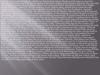 p. 14 AS when a man dreams, he refledls not that his body sleeps. Else he would wake; so seem'd he
entering his Shadow: but With him the Spirits of the Seven Angels of the Presence Entering, they gave him
still perceptions of his Sleeping Body 5 Which now arose and walk'd with them in Eden, as an Eighth
Image Divine tho^ darken'd, and tho' walking as one walks In sleep: and the Seven comforted and
supported him. Like as a Polypus that vegetates beneath the deep, They saw his Shadow vegetated
underneath the Couch lo Of death : for when he enter'd into his Shadow, Himself, His real and immortal
Self; was as appear'd to those Who dwell in immortality, as One sleeping on a couch Of gold: and those in
immortality gave forth their Emanations Like Females of sweet beauty, to guard round him & to feed 15
His lips with food of Eden in his cold and dim repose: But to himself he seem'd a wanderer lost in dreary
night. Onwards his Shadow kept its course among the Spedres, call'd Satan, but swift as lightning passing
them, startled the shades Of Hell beheld him in a trail of light as of a comet 20 That travels into Chaos: so
Milton went guarded within. The nature of infinity is this : That every thing has its Own Vortex; and
when once a traveller thro' Eternity Has passed that Vortex, he perceives it roll backward behind His path,
into a globe itself infolding, like a sun, 25 Or like a moon, or like a universe of starry majesty, While he
keeps onwards in his wondrous journey on the earth, II Or like a human form, a friend with whom he
liv'd benevolent. As the eye of man views both the east & west encompassing Its vortex: and the north &
south, with all their starry host: 30 Also the rising sun & setting moon he views surrounding His corn-
fields and his valleys of five hundred acres square. Thus is the earth one infinite plane, and not as
apparent To the weak traveller confin'd beneath the moony shade. Thus is the heaven a vortex pass'd
already, and the earth 35 A vortex not yet pass'd by the traveller thro' Eternity. First Milton saw Albion
upon the Rock of Ages, Deadly pale outstretch'd and snowy cold, storm cover'd: A Giant form of perfe6l
beauty outstretch'd on the rock In solemn death: the Sea of Time & Space thunder 'd aloud 40 Against the
rock, which was inwrapped with the weeds of death. Hovering over the cold bosom, in its vortex Milton
bent down To the bosom of death : what was underneath soon seem'd above, A cloudy heaven mingled
with stormy seas in loudest ruin: But as a wintry globe descends precipitant thro' Beulah bursting 45 With
thunders loud and terrible: so Milton's shadow fell Precipitant loud thund'ring into the Sea of Time &
Space. Then first I saw him in the Zenith as a falling star, Descending perpendicular, swift as the swallow
or swift : And on my left foot falling on the tarsus, enter'd there, 50 But from my left foot a black cloud
redounding spread over Europe. Then Milton knew that the Three Heavens of Beulah were beheld By him
on earth in his bright pilgrimage of sixty years
 