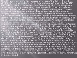 31 p. 30 How wide the Gulf & Unpassable! between Simplicity ^ Insipidity.
MILTON Contraries are Positives: A Negation is not a Contrary, BOOK THE
SECOND THERE is a place where Contraries are equally True: This place is
called Beulah. It is a pleasure lovely Shadow- Where no dispute can come,
Because of those who Sleep. Into this place the Sons & Daughters of Ololon
descended 5 With solemn mourning, into Beulah's moony shades & hills
Weeping for Milton : mute wonder held the Daughters of Beulah, Enraptur'd
with afFedion sweet and mild benevolence. Beulah is evermore created around
Eternity ; appearing To the Inhabitants of Eden around them on all sides, 10 But
Beulah to its Inhabitants appears within each district, As the beloved infant in
his mother's bosom round incircled With arms of love & pity & sweet
compassion. But to The Sons of Eden the moony habitations of Beulah Are from
Great Eternity a mild & pleasant Rest. 15 And it is thus Created. Lo, the Eternal
Great Humanity To whom be Glory & Dominion Evermore, Amen, Walks
among all his awful Family seen in every face: As the breath of the Almighty
such are the words of man to man In the great Wars of Eternity, in fury of Poetic
Inspiration, 20 To build the Universe stupendous : Mental forms Creating. But
the Emanations trembled exceedingly, nor could they Live, because the Life of
Man was too exceeding unbounded. His joy became terrible to them, they
trembled & wept, Crying with one voice: Give us a habitation & a place 25 In
which we may be hidden under the shadow of wings: For if we, who are but for
a time & who pass away in winter. Behold these wonders of Eternity we shall
consume: But you, O our Fathers & Brothers, remain in Eternity But grant us a
Temporal Habitation, do you speak 30 To us; we will obey your words as you
obey Jesus The Eternal who is blessed for ever & ever. Amen. 32 So spake the
lovely Emanations: & there appeared a pleasant Mild Shadow above, beneath, &
on all sides round.
 