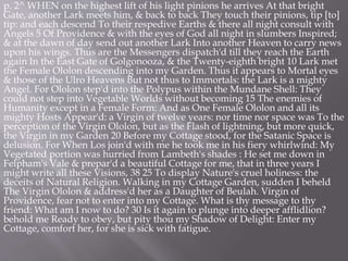p. 2^ WHEN on the highest lift of his light pinions he arrives At that bright
Gate, another Lark meets him, & back to back They touch their pinions, tip [to]
tip: and each descend To their respedive Earths & there all night consult with
Angels 5 Of Providence & with the eyes of God all night in slumbers Inspired;
& at the dawn of day send out another Lark Into another Heaven to carry news
upon his wings. Thus are the Messengers dispatch'd till they reach the Earth
again In the East Gate of Golgonooza, & the Twenty-eighth bright 10 Lark met
the Female Ololon descending into my Garden. Thus it appears to Mortal eyes
& those of the Ulro Heavens But not thus to Immortals: the Lark is a mighty
Angel. For Ololon step'd into the Polypus within the Mundane Shell: They
could not step into Vegetable Worlds without becoming 15 The enemies of
Humanity except in a Female Form: And as One Female Ololon and all its
mighty Hosts Appear'd: a Virgin of twelve years: nor time nor space was To the
perception of the Virgin Ololon, but as the Flash of lightning, but more quick,
the Virgin in my Garden 20 Before my Cottage stood, for the Satanic Space is
delusion. For When Los join'd with me he took me in his fiery whirlwind: My
Vegetated portion was hurried from Lambeth's shades : He set me down in
Felpham's Vale & prepar'd a beautiful Cottage for me, that in three years I
might write all these Visions, 38 25 To display Nature's cruel holiness: the
deceits of Natural Religion. Walking in my Cottage Garden, sudden I beheld
The Virgin Ololon & address'd her as a Daughter of Beulah. Virgin of
Providence, fear not to enter into my Cottage. What is thy message to thy
friend: What am I now to do? 30 Is it again to plunge into deeper afflidlion?
behold me Ready to obey, but pity thou my Shadow of Delight: Enter my
Cottage, comfort her, for she is sick with fatigue.
 
