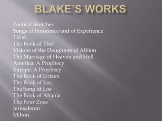 Poetical Sketches
Songs of Innocence and of Experience
Tiriel
The Book of Thel
Visions of the Daughters of Albion
The Marriage of Heaven and Hell
America: A Prophecy
Europe: A Prophecy
The Book of Urizen
The Book of Los
The Song of Los
The Book of Ahania
The Four Zoas
Jerusalemn
Milton
 