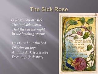 O Rose thou art sick.
The invisible worm,
That flies in the night
In the howling storm:
Has found out thy bed
Of crimson joy:
And his dark secret love
Does thy life destroy.
 