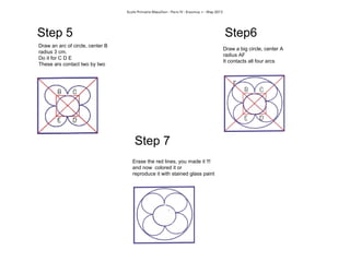 Step 5
Draw an arc of circle, center B
radius 3 cm.
Do it for C D E
These ars contact two by two
Step6
Draw a big circle, center A
radius AF
It contacts all four arcs
Step 7
Erase the red lines, you made it !!!
and now colored it or
reproduce it with stained glass paint
 
