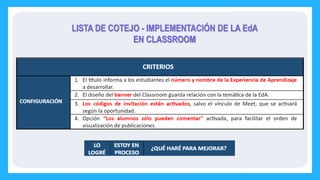 LISTA DE COTEJO - IMPLEMENTACIÓN DE LA EdA
EN CLASSROOM
 