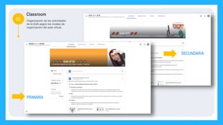 Classroom
Organización de las actividades
de la EdA según los niveles de
organización del aula virtual.
02
PRIMARIA
SECUNDARIA
 