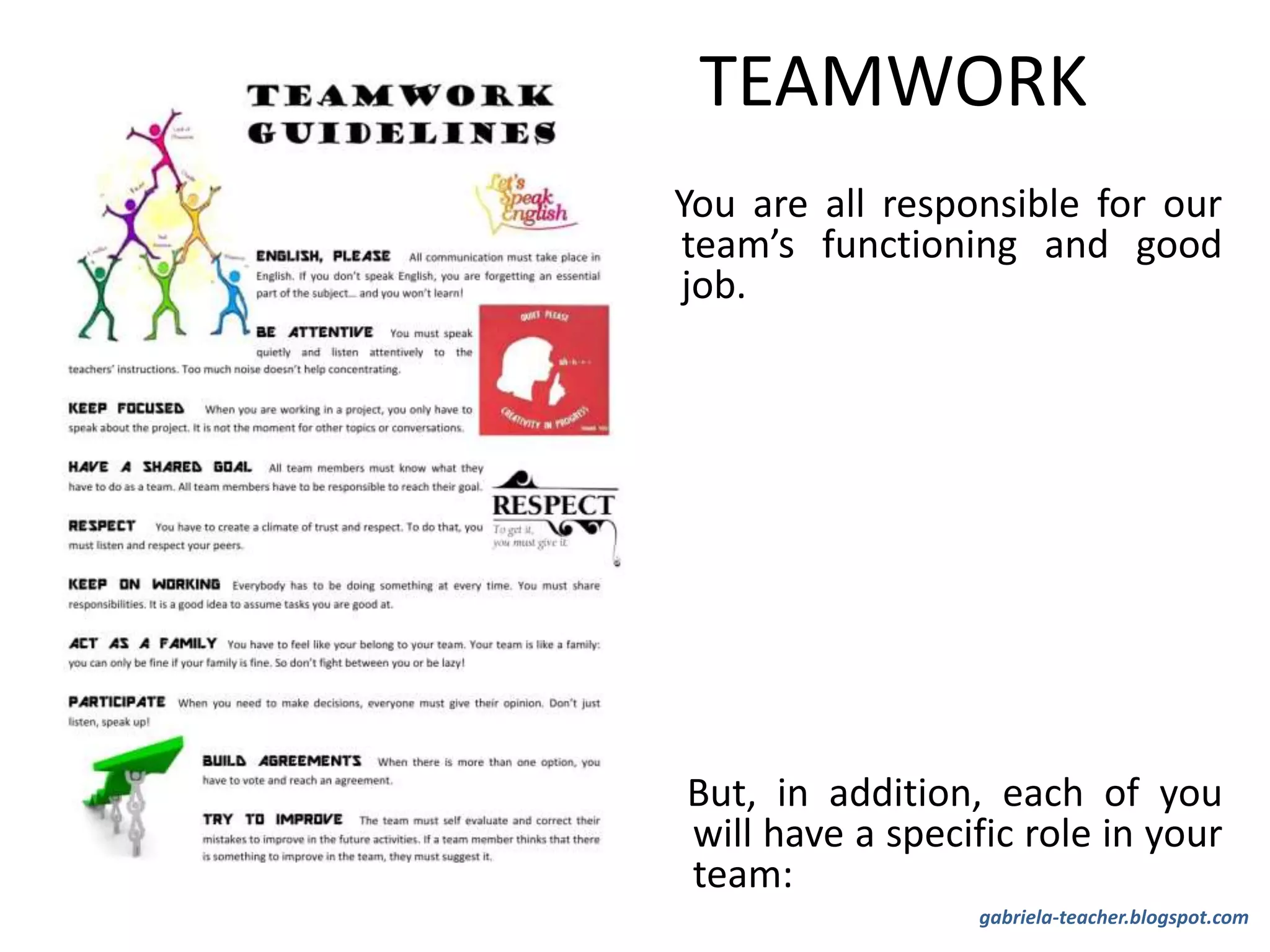 TEAMWORK
You are all responsible for our
team’s functioning and good
job.
But, in addition, each of you
will have a specific role in your
team:
gabriela-teacher.blogspot.com
 