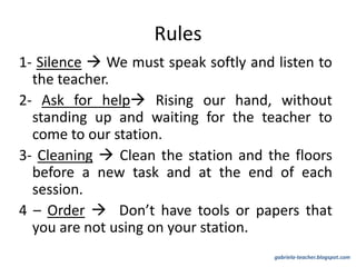 Rules
1- Silence  We must speak softly and listen to
the teacher.
2- Ask for help Rising our hand, without
standing up and waiting for the teacher to
come to our station.
3- Cleaning  Clean the station and the floors
before a new task and at the end of each
session.
4 – Order  Don’t have tools or papers that
you are not using on your station.
gabriela-teacher.blogspot.com
 