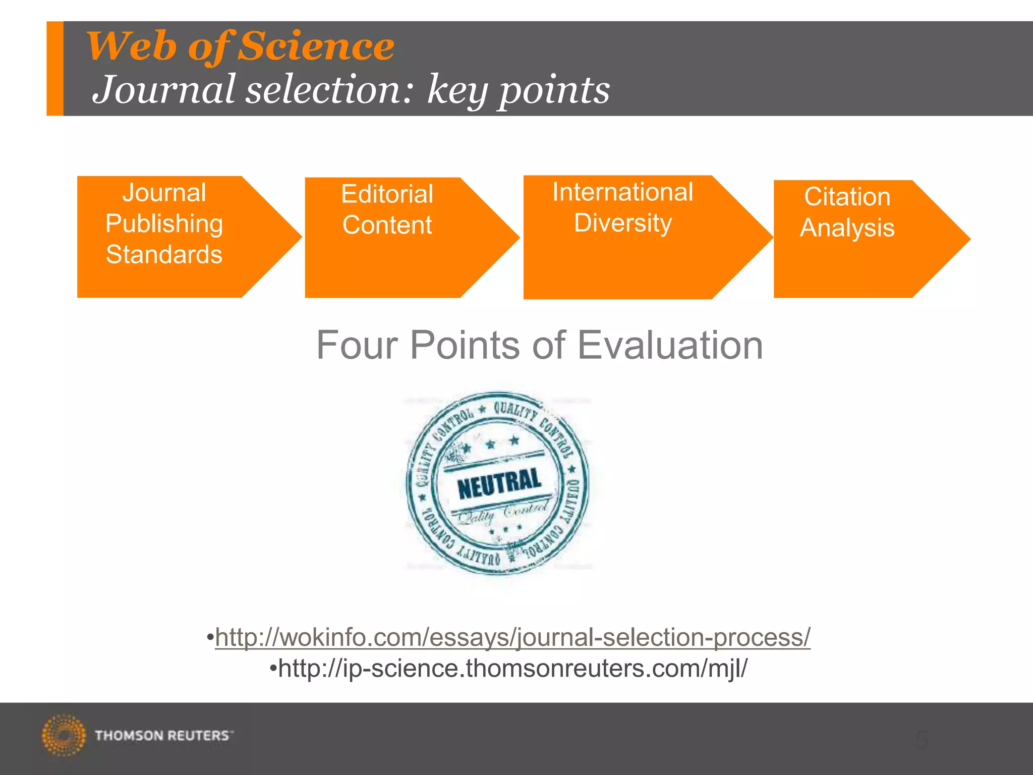 Web of Science
Journal selection: key points
Journal
Publishing
Standards
Editorial
Content
International
Diversity
Citation
Analysis
Four Points of Evaluation
5
•http://wokinfo.com/essays/journal-selection-process/
•http://ip-science.thomsonreuters.com/mjl/
 