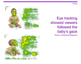 Testing




   Eye tracking
showed viewers
   followed the
   baby’s gaze
  Source: Smashing Magazine
 