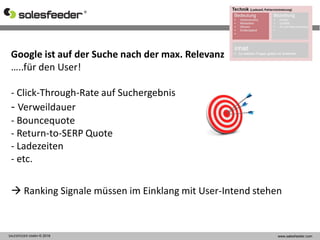SALESFEEDER GMBH © 2016 www.salesfeeder.com
Google ist auf der Suche nach der max. Relevanz
…..für den User!
- Click-Through-Rate auf Suchergebnis
- Verweildauer
- Bouncequote
- Return-to-SERP Quote
- Ladezeiten
- etc.
 Ranking Signale müssen im Einklang mit User-Intend stehen
 