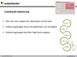 SALESFEEDER GMBH © 2016 www.salesfeeder.com
 Über die Links navigiert der Webcrawler auf der Seite
 Indexierungsbudget steuert die Spidertiefe und –häufigkeit
 Indexierungsbudget wird über Page-Rank vergeben
Crawling & Indexierung
 