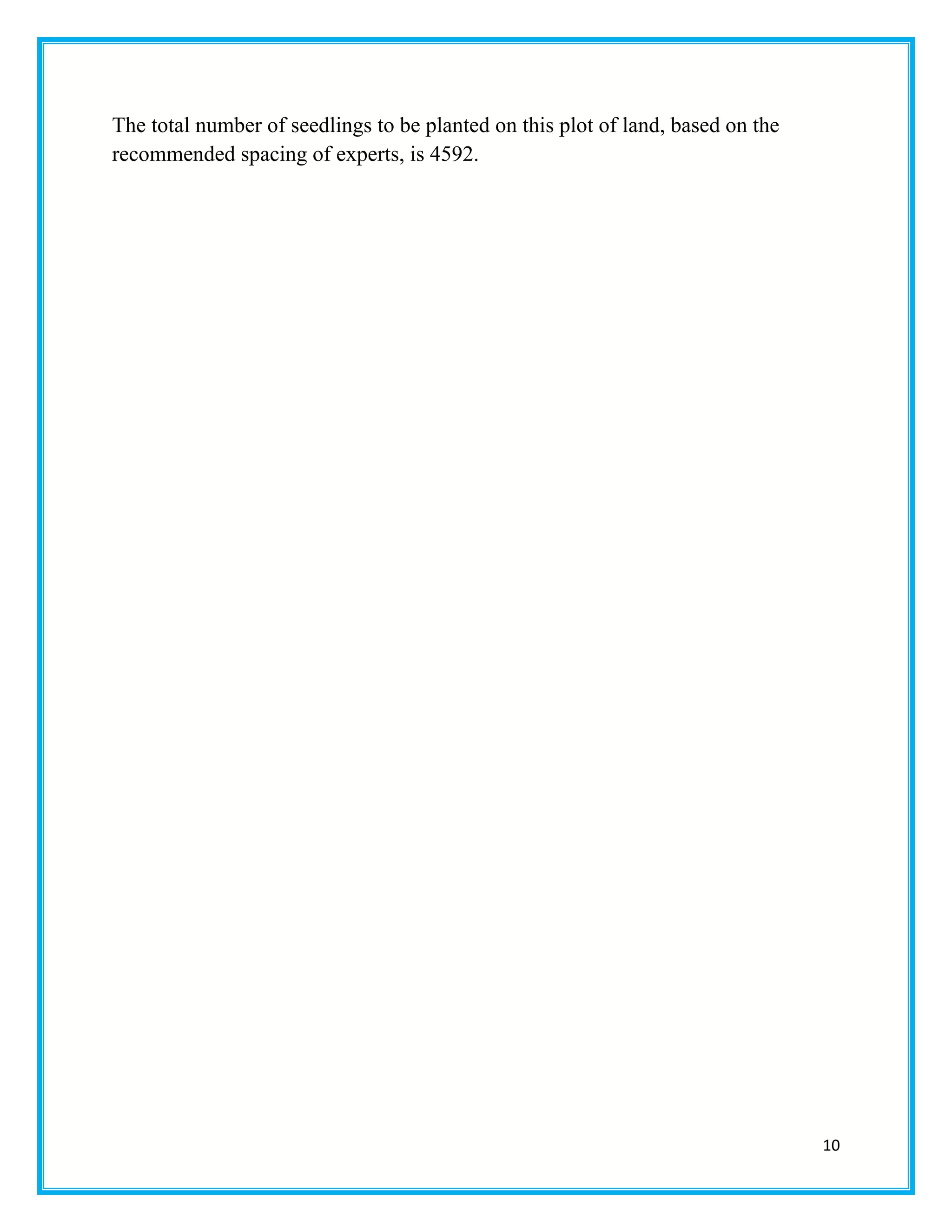 10
The total number of seedlings to be planted on this plot of land, based on the
recommended spacing of experts, is 4592.
 