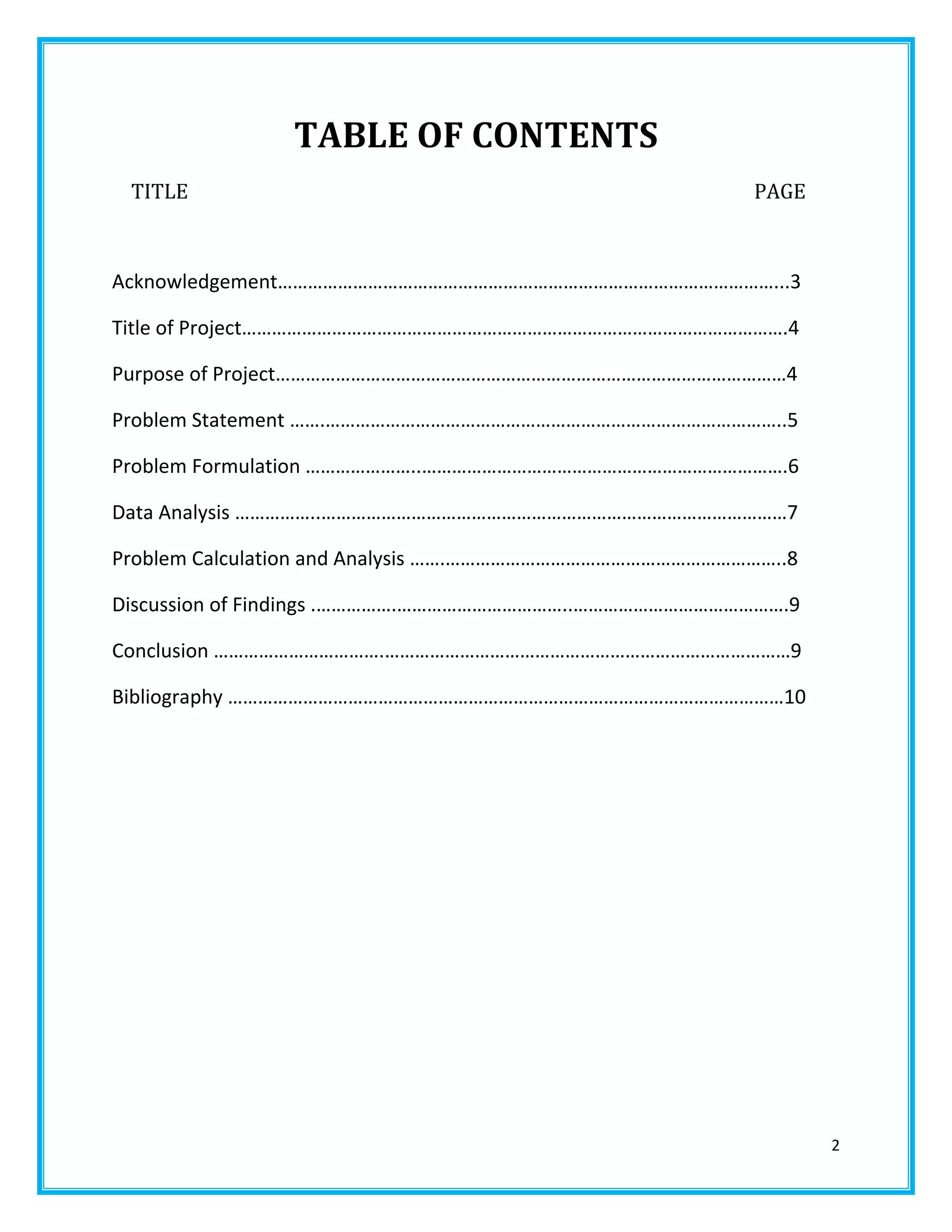 2
TABLE OF CONTENTS
TITLE PAGE
Acknowledgement………………………………………………………………………………………...3
Title of Project……………………………………………………………………………………………….4
Purpose of Project…………………………………………………………………………………………4
Problem Statement …….………………………………………………………………………………..5
Problem Formulation …………………..……………………………………………………………….6
Data Analysis ……………..…………………………………………………………………………………7
Problem Calculation and Analysis …….…………………………………………………………..8
Discussion of Findings .…………….……………………………..…………………………………….9
Conclusion …………………………….………………………………………………………………………9
Bibliography …………………………………………………………………………………………………10
 