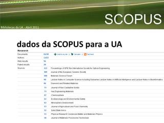 Bibliotecas da UA - Abril 2011
                                 SCOPUS
            dados da SCOPUS para a UA
 
