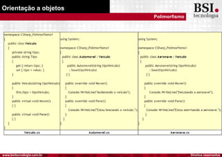 Direitos reservadoswww.bsitecnologia.com.br
Orientação a objetos
Polimorfismo
 