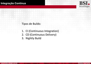 Direitos reservadoswww.bsitecnologia.com.br
Integração Contínua
Tipos de Builds:
1. CI (Continuous Integration)
2. CD (Continuous Delivery)
3. Nightly Build
 