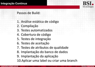 Direitos reservadoswww.bsitecnologia.com.br
Integração Contínua
Passos de Build:
1. Análise estática de código
2. Compilação
3. Testes automatizados
4. Cobertura de código
5. Testes de integração
6. Testes de aceitação
7. Testes de atributos de qualidade
8. Implantação do banco de dados
9. Implantação da aplicação
10.Aplicar uma label ou criar uma branch
 