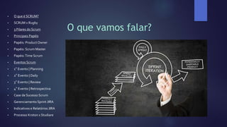 O que vamos falar?
• O que é SCRUM?
• SCRUM x Rugby
• 3 Pilares do Scrum
• Principais Papéis
• Papéis: Product Owner
• Papéis: Scrum Master
• Papéis:Time Scrum
• Eventos Scrum
• 1° Evento | Planning
• 2° Evento | Daily
• 3° Evento | Review
• 4° Evento | Retrospectiva
• Case de Sucesso Scrum
• Gerenciamento Sprint JIRA
• Indicativos e Relatórios JIRA
• Processo Kroton x Studiare
 