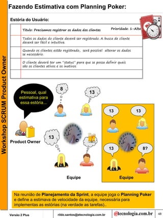 Fazendo Estimativa com Planning Poker:

                               Estória do Usuário:

                                       Titulo: Precisamos registrar os dados dos clientes      Prioridade: 1-Alta


                                       Todos os dados do cliente deverá ser registrado. A busca de cliente
                                       deverá ser fácil e intuitiva.

                                       Quando os clientes estão registrado, será possível alterar os dados
                                       se necessário.
Workshop SCRUM Product Owner




                                       O cliente deverá ter um “status” para que se possa definir quais
                                       são os clientes ativos e os inativos




                                                               8
                                      Pessoal, qual                              13
                                     estimativa para
                                     essa estória...
                                                                                               13             13




                                                       13
                               Product Owner
                                                                                               13                   8?




                                                                   Equipe                           Equipe



                                 Na reunião de Planejamento da Sprint, a equipe joga o Planning Poker
                                 e define a estimava de velocidade da equipe, necessária para
                                 implementas as estórias (na verdade as tarefas)..

                               Versão 2 Plus                 rildo.santos@etecnologia.com.br                             48
 