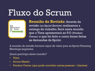 Fluxo do Scrum
                Reunião de Revisão: Através da
                revisão (ou Sprint Review) realizamos a
                entrega do trabalho. Será nesta reunião
                que o Time apresentará ao P.O (Product
                Owner) o que foi feito e como foram feitas
                as demandas da Sprint.
A reunião de revisão fornece input de valor para as Sprint Planning
Meetings seguintes.
Quem participa desta reunião?
• Time
• Scrum Master
• Product Owner (que pode convidar outras pessoas / clientes)
 