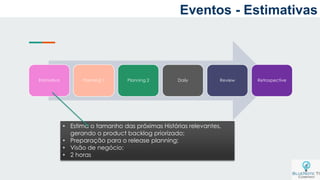 Eventos - Estimativas
a
Estimativa Planning 1 Planning 2 Daily Review Retrospective
• Estima o tamanho das próximas Histórias relevantes,
gerando o product backlog priorizado;
• Preparação para o release planning;
• Visão de negócio;
• 2 horas
 
