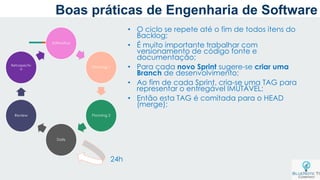a
Estimativa
Planning 1
Planning 2
Daily
Review
Retrospectiv
a
24h
• O ciclo se repete até o fim de todos itens do
Backlog;
• É muito importante trabalhar com
versionamento de código fonte e
documentação;
• Para cada novo Sprint sugere-se criar uma
Branch de desenvolvimento;
• Ao fim de cada Sprint, cria-se uma TAG para
representar o entregável IMUTÁVEL;
• Então esta TAG é comitada para o HEAD
(merge);
Boas práticas de Engenharia de Software
 