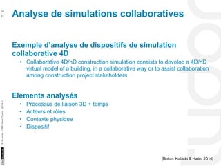Analyse de simulations collaboratives 34 
10/22/11 
51 
S. Kubicki - CRP Henri Tudor - 2014 ⓒ 
Exemple d’analyse de dispositifs de simulation 
collaborative 4D 
• Collaborative 4D/nD construction simulation consists to develop a 4D/nD 
virtual model of a building, in a collaborative way or to assist collaboration 
among construction project stakeholders. 
Eléments analysés 
• Processus de liaison 3D + temps 
• Acteurs et rôles 
• Contexte physique 
• Dispositif 
[Boton, Kubicki & Halin, 2014] 
 