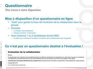 Questionnaire 
Des traces à votre disposition 
10/22/11 
37 
51 
S. Kubicki - CRP Henri Tudor - 2014 ⓒ 
Mise à disposition d’un questionnaire en ligne 
• “Outil” pour garder la trace de l’évolution de la collaboration dans le 
groupe 
• Conseils 
• Le remplir individuellement 
• Chaque semaine / 2 semaines 
• Vous recevrez 1 ou 2 synthèse(s) durant SDC 
• À utiliser pour retracer et analyser l’évolution de la collaboration dans le groupe 
Ce n’est pas un questionnaire destiné à l’évaluation ! 
 