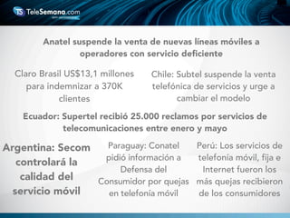 Claro Brasil US$13,1 millones
para indemnizar a 370K
clientes
Ecuador: Supertel recibió 25.000 reclamos por servicios de
telecomunicaciones entre enero y mayo
Perú: Los servicios de
telefonía móvil, fija e
Internet fueron los
más quejas recibieron
de los consumidores
Chile: Subtel suspende la venta
telefónica de servicios y urge a
cambiar el modelo
Paraguay: Conatel
pidió información a
Defensa del
Consumidor por quejas
en telefonía móvil
Argentina: Secom
controlará la
calidad del
servicio móvil
Anatel suspende la venta de nuevas líneas móviles a
operadores con servicio deﬁciente
 