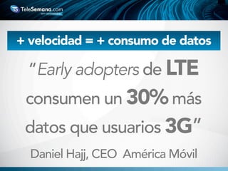 “Early adopters de LTE
consumen un 30% más
datos que usuarios 3G”
Daniel Hajj, CEO América Móvil
+ velocidad = + consumo de datos
 