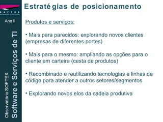 Estratégias de posicionamento Ano II Produtos e serviços: Mais para parecidos: explorando novos clientes (empresas de diferentes portes) Mais para o mesmo: ampliando as opções para o cliente em carteira (cesta de produtos) Recombinado e reutilizando tecnologias e linhas de código para atender a outros setores/segmentos Explorando novos elos da cadeia produtiva 