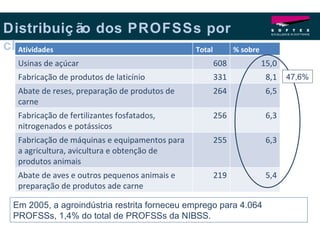 Distribuição dos PROFSSs por classes Em 2005, a agroindústria restrita forneceu emprego para 4.064 PROFSSs, 1,4% do total de PROFSSs da NIBSS. 47,6% Atividades Total % sobre total Usinas de açúcar 608 15,0 Fabricação de produtos de laticínio 331 8,1 Abate de reses, preparação de produtos de carne 264 6,5 Fabricação de fertilizantes fosfatados, nitrogenados e potássicos 256 6,3 Fabricação de máquinas e equipamentos para a agricultura, avicultura e obtenção de produtos animais 255 6,3 Abate de aves e outros pequenos animais e preparação de produtos ade carne 219 5,4 