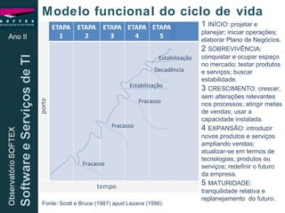 Modelo funcional do ciclo de vida Ano II 1  INÍCIO: projetar e planejar; iniciar operações; elaborar Plano de Negócios. 2  SOBREVIVÊNCIA: conquistar e ocupar espaço no mercado; testar produtos e serviços; buscar estabilidade. 3  CRESCIMENTO: crescer, sem alterações relevantes nos processos; atingir metas de vendas; usar a capacidade instalada. 4  EXPANSÃO: introduzir novos produtos e serviços ampliando vendas; atualizar-se em termos de tecnologias, produtos ou serviços; redefinir o futuro da empresa. 5  MATURIDADE: tranquilidade relativa e replanejamento  do futuro. Fracasso Fracasso Fracasso Decadência Estabilização Estabilização Fonte:  Scott e Bruce (1987) apud Lezana (1996). 