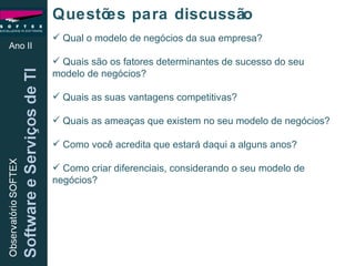 Ano II Questões para discussão Qual o modelo de negócios da sua empresa? Quais são os fatores determinantes de sucesso do seu modelo de negócios? Quais as suas vantagens competitivas? Quais as ameaças que existem no seu modelo de negócios? Como você acredita que estará daqui a alguns anos? Como criar diferenciais, considerando o seu modelo de negócios? 