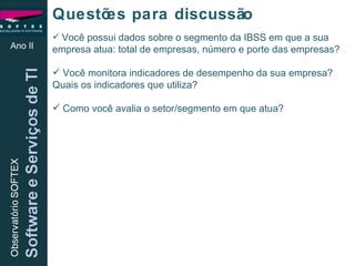 Ano II Questões para discussão Você possui dados sobre o segmento da IBSS em que a sua empresa atua: total de empresas, número e porte das empresas?  Você monitora indicadores de desempenho da sua empresa? Quais os indicadores que utiliza? Como você avalia o setor/segmento em que atua? 