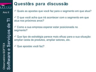 Questões para discussão Ano II Quais as apostas que você faz para o segmento em que atua? O que você acha que irá acontecer com o segmento em que atua nos próximos anos? Como a sua empresa esperar estar posicionada no segmento? Que tipo de estratégia parece mais eficaz para a sua situação: ampliar cesta de produtos, ampliar setores, etc. Que apostas você faz? 