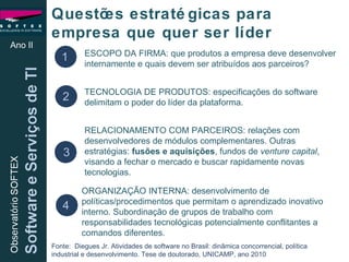 Questões estratégicas para empresa que quer ser líder Ano II 1 2 3 4 ESCOPO DA FIRMA: que produtos a empresa deve desenvolver internamente e quais devem ser atribuídos aos parceiros?  TECNOLOGIA DE PRODUTOS: especificações do software delimitam o poder do líder da plataforma.  RELACIONAMENTO COM PARCEIROS: relações com desenvolvedores de módulos complementares. Outras estratégias:  fusões e aquisições , fundos de  venture capital , visando a fechar o mercado e buscar rapidamente novas tecnologias. ORGANIZAÇÃO INTERNA: desenvolvimento de políticas/procedimentos que permitam o aprendizado inovativo interno. Subordinação de grupos de trabalho com responsabilidades tecnológicas potencialmente conflitantes a comandos diferentes.  Fonte:  Diegues Jr. Atividades de software no Brasil: dinâmica concorrencial, política industrial e desenvolvimento. Tese de doutorado, UNICAMP, ano 2010 