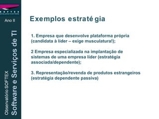 Ano II Exemplos estratégia 1. Empresa que desenvolve plataforma própria (candidata à líder – exige musculatura!); 2 Empresa especializada na implantação de sistemas de uma empresa líder (estratégia associada/dependente); 3. Representação/revenda de produtos estrangeiros (estratégia dependente passiva) 