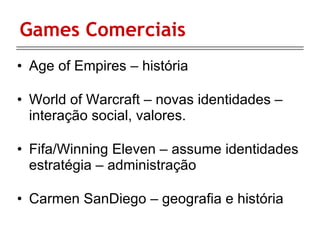 Games Comerciais Age of Empires – história World of Warcraft – novas identidades – interação social, valores. Fifa/Winning Eleven – assume identidades estratégia – administração Carmen SanDiego – geografia e história 